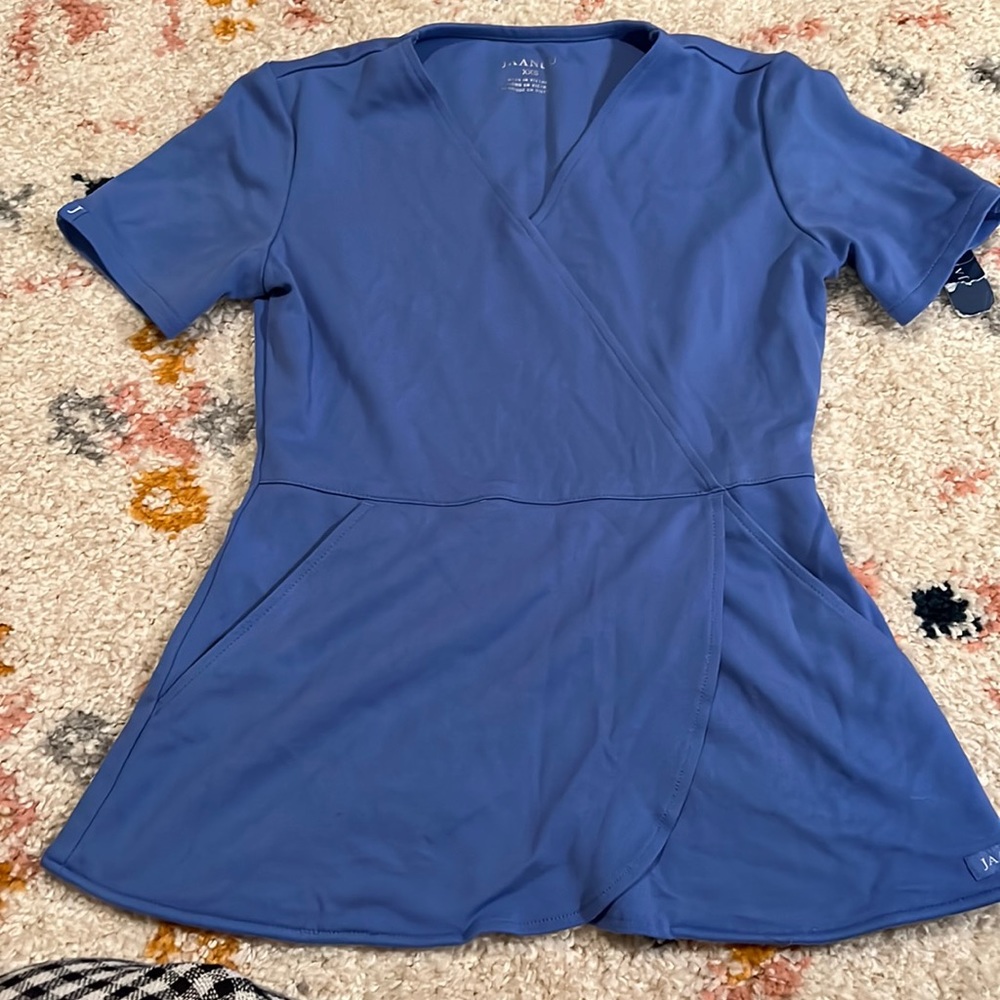 Jaanuu Ceil blue mock wrap scrub top